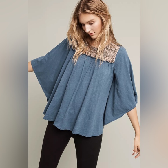 Anthro Deletta Slate Beaded Embellished Wide Flare Sleeve Swing Blouse Top - Picture 2 of 15
